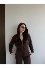 Kahverengi %100 Pamuk Kapüşonlu Fitilli Takım - 51232