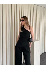 Siyah Tek Omuz Tasarım Yaka Bluz Pantolon Takım - 8003