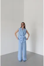 Blue and Black Button-Down Vest and Trousers Set