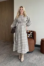 Stone Plaid Belted Long Dress - 1235 Stone Plaid Belted Long Dress - 1235