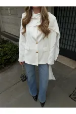 Beyaz Gold Düğmeli Şallı Ceket - 9721