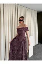 Robe midi marron à pois Madonna Neck - 00888