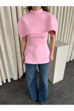 Pembe Pelerinli Straplez Bluz - 1101