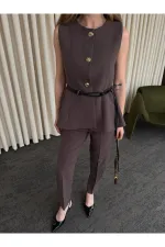 Gilet marron à ceinture et boutons - 9682