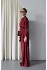 Burgundy Kimono Set with Collar Detail and Tie-Up - 8459 Burgundy Kimono Set with Collar Detail and Tie-Up - 8459