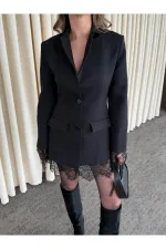 Siyah Eteği Manşeti Dantelli Ceket - 2861