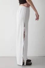 White 100% Cotton Trousers with Side Slit and Tie Detail
