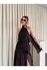 Kahverengi Gül Detaylı Şifon Elbise - 2485