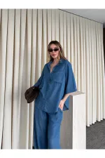 Mavi Tensel Kumaş Gömlek Pantolon Takım - 0926
