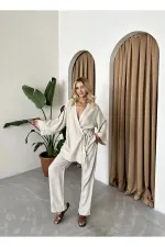 Stone Detailed Side Tie Linen Kimono Set
