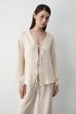 Ensemble chemisier et pantalon beige 100 % coton à nouer