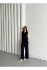 Ensemble gilet et pantalon bleu marine croisé