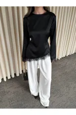 Siyah Saten Asimetrik Dantelli Bluz - 0320