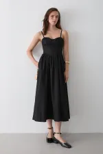 Siyah Bel Detaylı Poplin Elbise - 2001