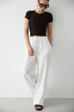 Pantalon blanc en coton et lin avec taille élastiquée