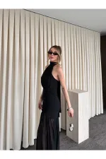 Siyah Gül Detaylı Şifon Elbise - 2485