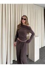 Kahverengi Kayık Yaka Modal İkili Takım - 7323