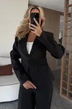 Black Jacket and Trousers Suit with Sleeve Darts and Fitted Waist - 9480