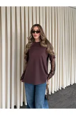 Brown Blouse with Lace Sleeves - 1049