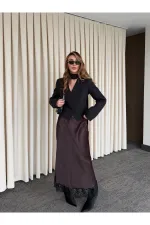 Kahverengi Puantiyeli Saten Etek Ucu Dantelli Etek - 50228