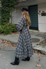 Grey Plaid Belted Long Dress - 1235 Grey Plaid Belted Long Dress - 1235