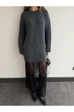 Antrasit Tül Detaylı Uzun Triko Elbise - 251009