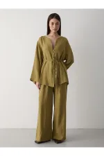 Haki Çok Düğmeli %100 Pamuk Gömlek Pantolon Takım