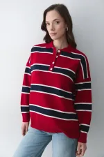 Kırmızı Lacivert Polo Yaka Şeritli Kazak - 251129