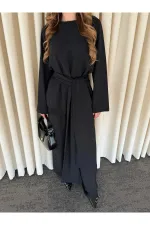 Siyah Kuşaklı Dantel Detaylı Bluz Pantolon Takım - 8006