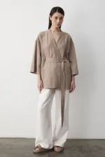 Sütlü Kahve Iç Kemerli Fakir Kol Kimono - 5383