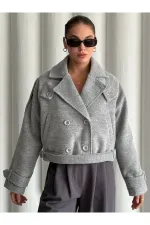 Grey Short Belted Cashmere Jacket - 9495