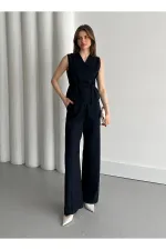 Ensemble gilet et pantalon bleu marine croisé