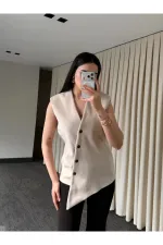 Bej Venedik Çapraz Düğmeli Yelek