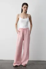 Pantalon rose en coton et lin avec taille élastique