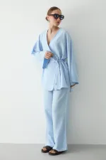Mavi Pamuklu Düğme Detaylı Kemerli Keten Kimono