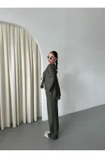 Ensemble chemisier et pantalon kaki avec détails de surpiqûres au col - 9002