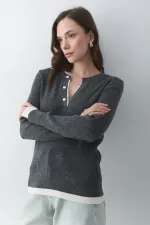 Antrasit - Krem 2 Patlı Düğmeli Kazak - 251023