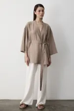 Sütlü Kahve Iç Kemerli Fakir Kol Kimono - 5383