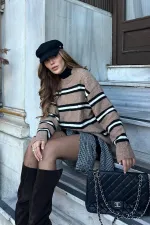 Pull en maille oversize à rayures marron - 2516