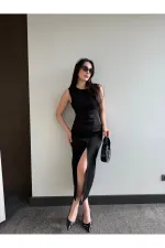 Siyah Düğmeli Kemerli Gabardin Elbise - 5002