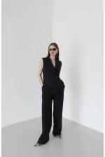 Siyah Siyah Düğmeli Yelek Pantolon Takım