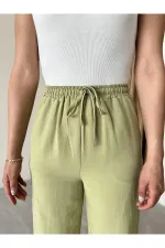 Khaki Cotton Linen Trousers with Elastic Waistband