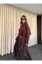 Kahverengi Piliseli Beli Lastikli Kemerli Etek - 3375