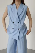 Blue and Black Button-Down Vest and Trousers Set