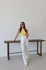 White Palazzo Pants with Gold Buttons and Elastic Waist White Palazzo Pants with Gold Buttons and Elastic Waist