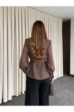 Kahverengi Vatkalı Transparan Gömlek - 5029