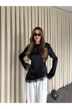 Siyah Saten Asimetrik Dantelli Bluz - 0320