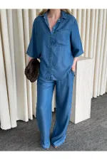 Mavi Tensel Kumaş Gömlek Pantolon Takım - 0926