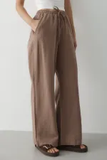 Milk Coffee Wide Leg Trousers with Elastic Waistband - 2813