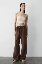 Pantalon marron en coton et lin avec taille élastique